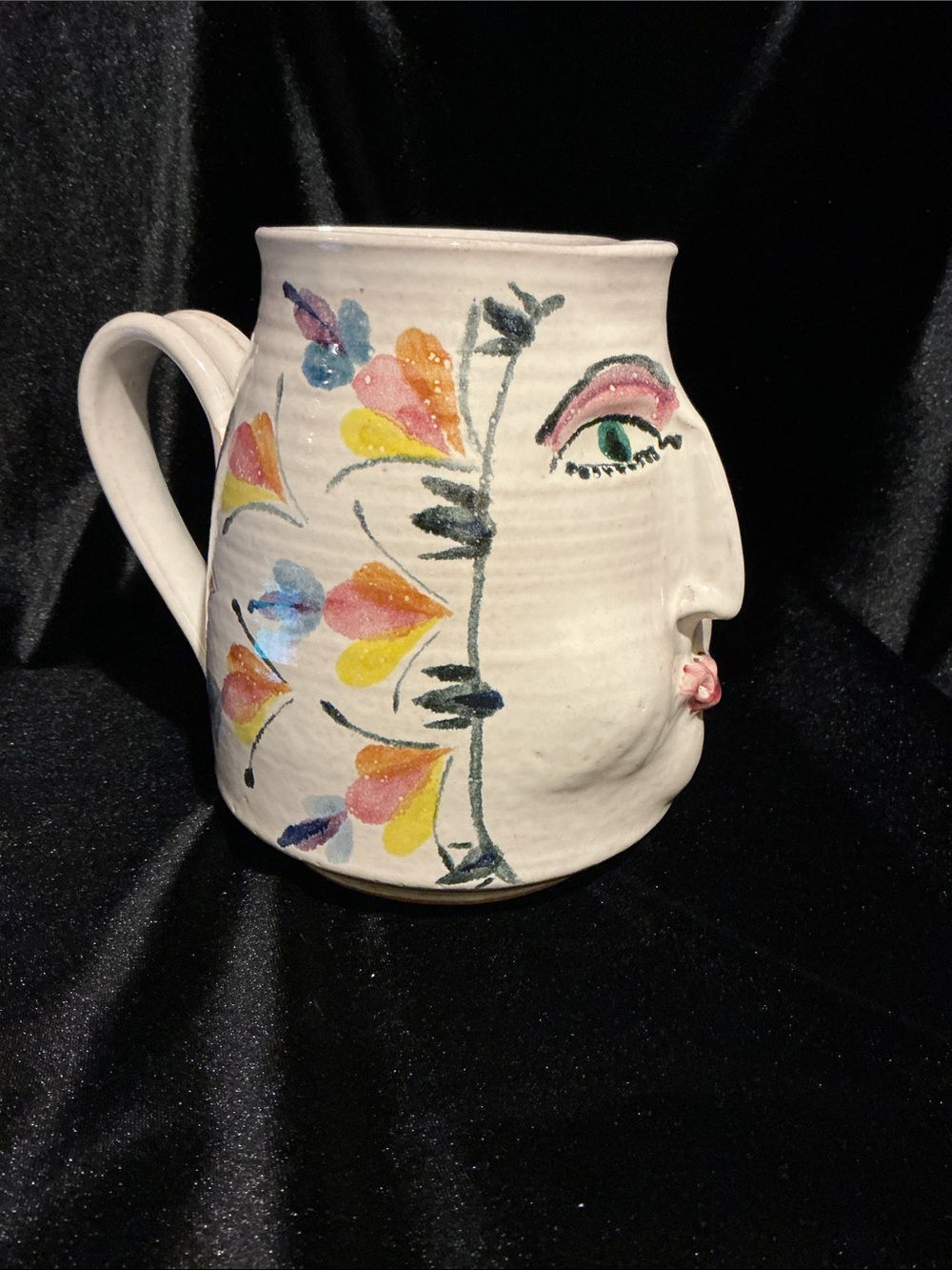 Hand-Painted White Ceramic Face Vase with Multicolor Floral Accents